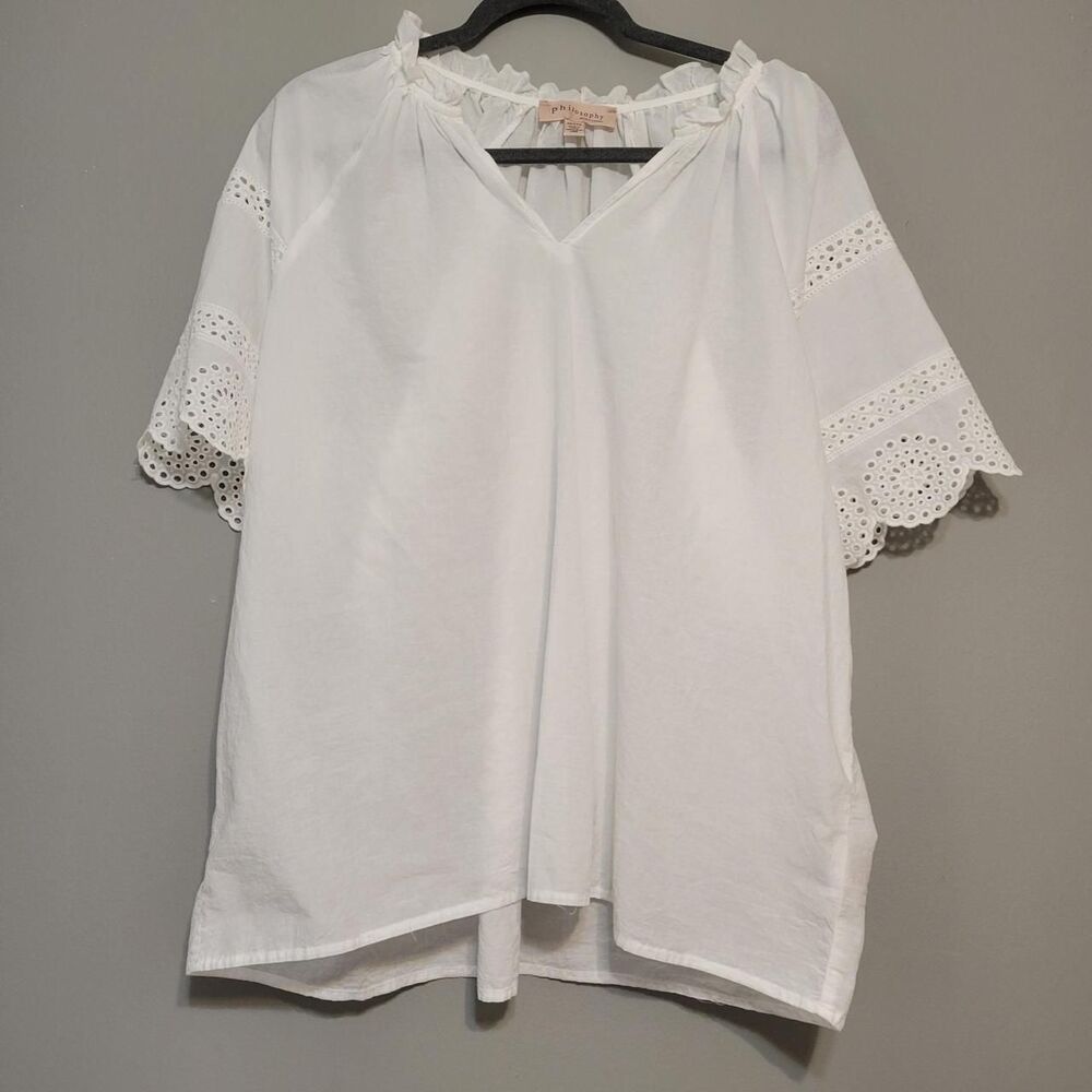 Philosophy Women's XXL White CottonEyelet Scallop Ruffle Blouse Peasant Romantic
